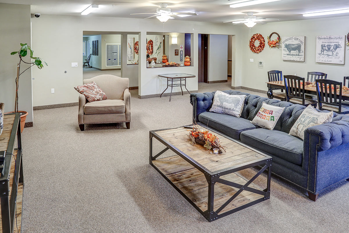 a living room with a couch and a coffee table