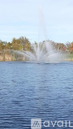 A fountain is shooting water high into the air over a body of water.