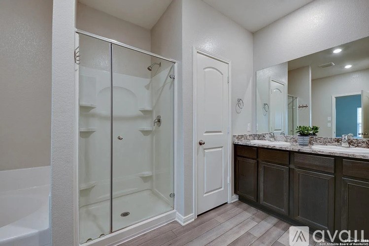 A bathroom with a walk-in shower and a vanity with a mirror.