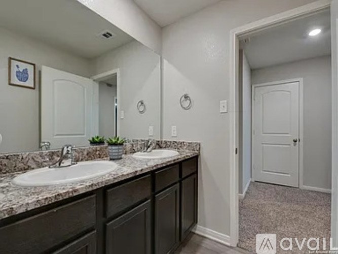 A bathroom with two sinks and a mirror.