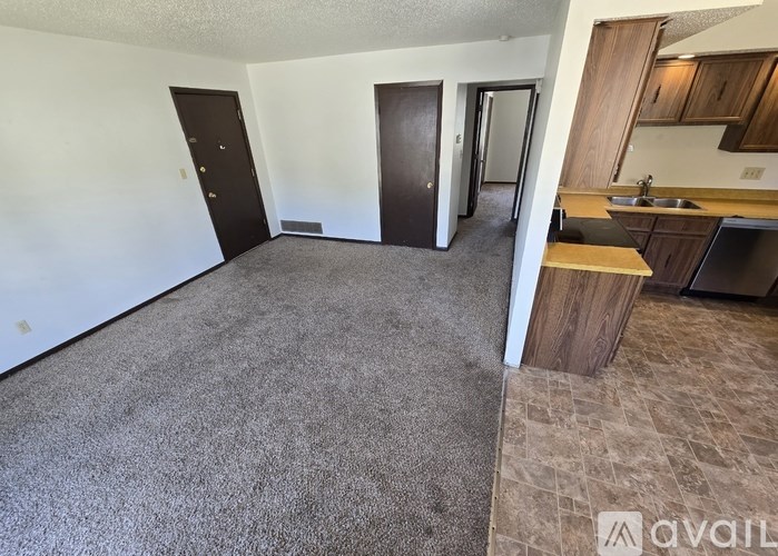 A carpeted room with a kitchen area in the background.