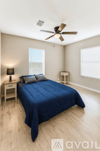 A bedroom with a bed, a ceiling fan, and a nightstand with a lamp.