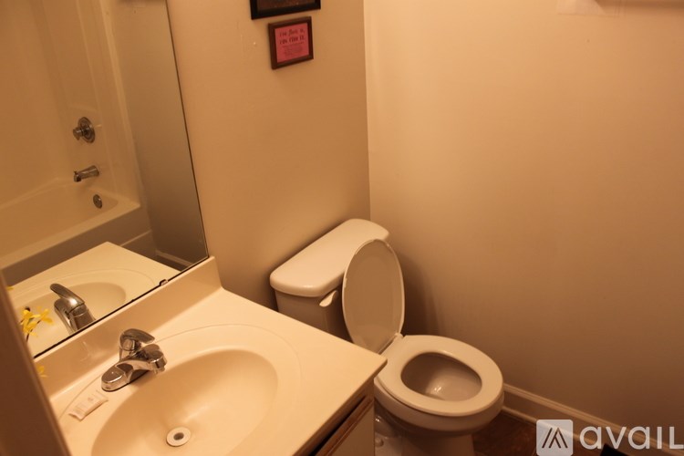 A bathroom with a toilet, sink, and mirror.