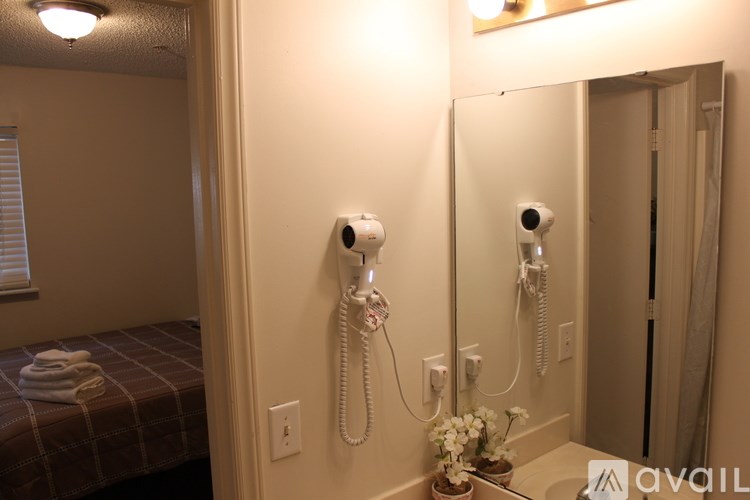 A bathroom with a mirror, a shower head and a hand held shower.