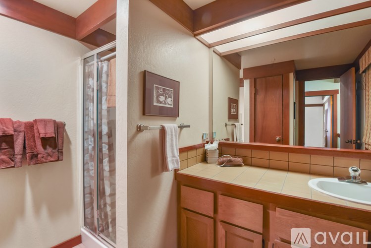 A bathroom with a sink, mirror, and towel rack.