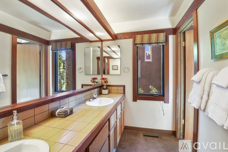 A bathroom with a vanity, a mirror, and a towel rack.