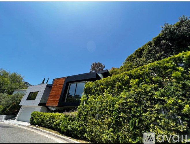 A modern house with a large glass window is surrounded by greenery.