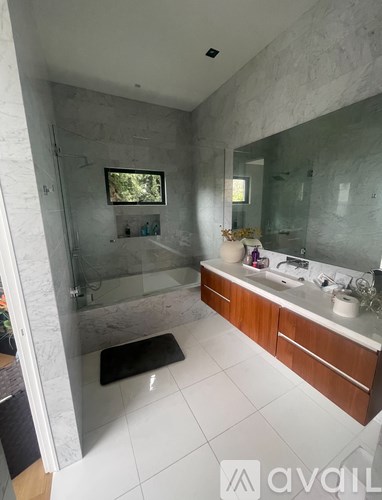 A bathroom with a walk-in shower and a vanity with a mirror.