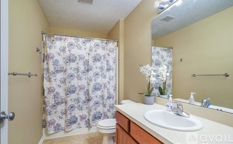 A bathroom with a floral shower curtain and a white sink.