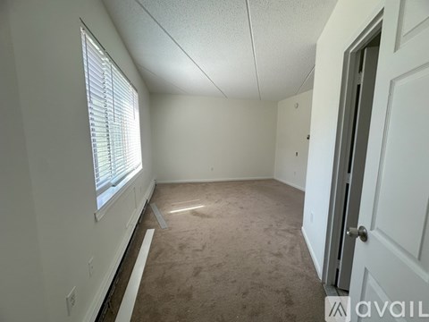 A room with a carpeted floor, a window with blinds, and a door.