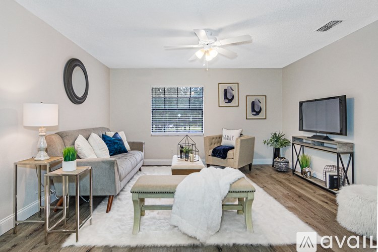 A living room with a grey couch, a white rug, and a television on a stand.