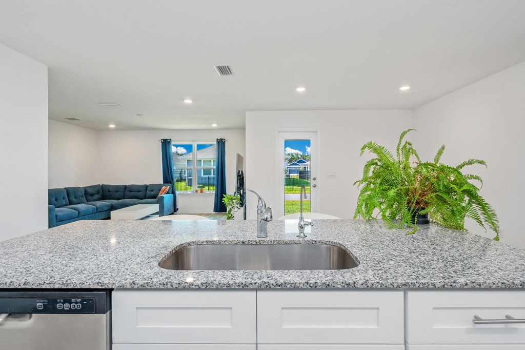 A kitchen with a granite countertop and a stainless steel dishwasher.