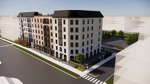 A modern building with a black roof and white walls is depicted in the image.