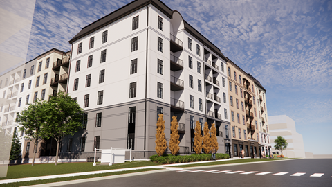 A modern apartment building with balconies and trees in front.