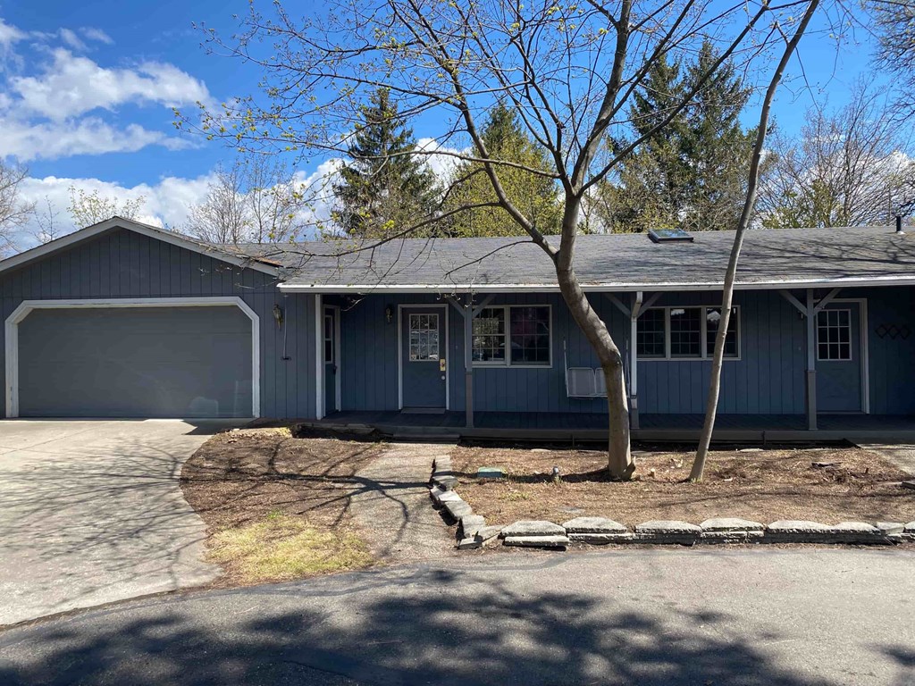 A house with a grey garage door and a tree in front.