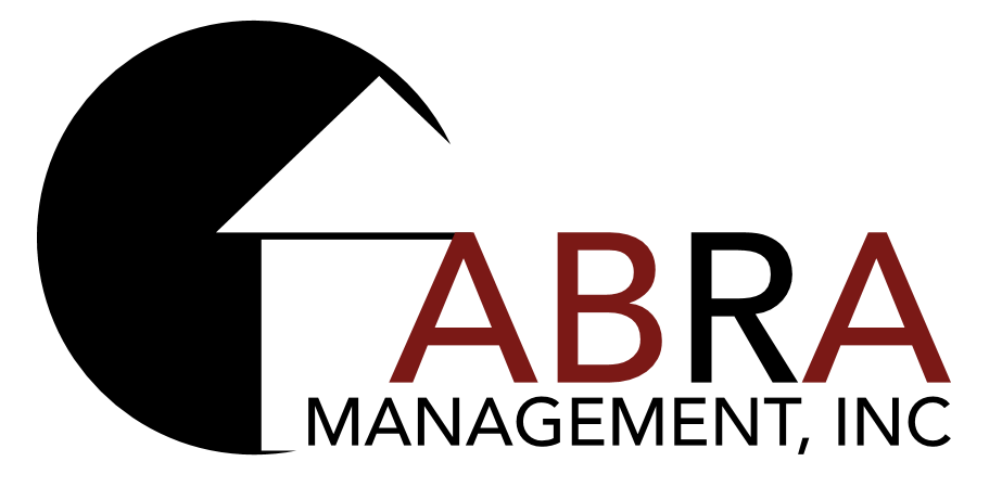 The image is a logo for a company named ABRA Management, Inc. at The Square in Downey, CA, 90242