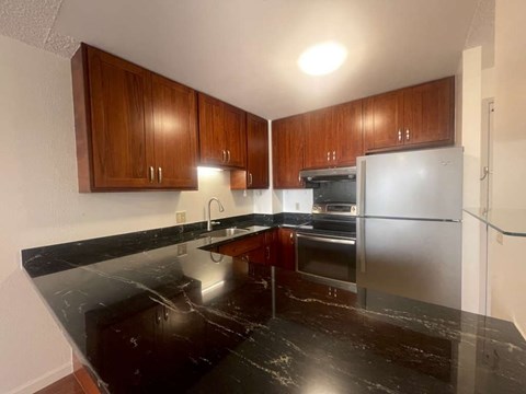 A kitchen with black granite countertops and wooden cabinets.