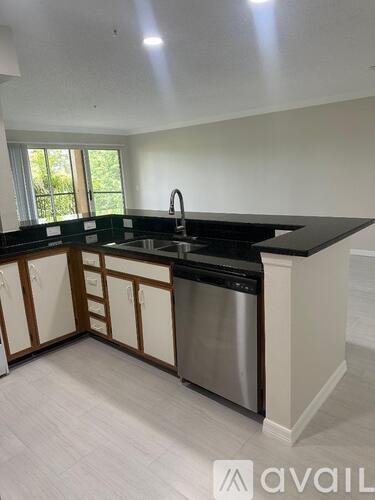 A kitchen with a black countertop and stainless steel dishwasher.
