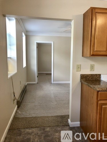 A hallway with two doors and a carpeted floor.