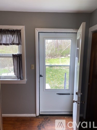 A white door with a window on the left and a view of a yard outside.