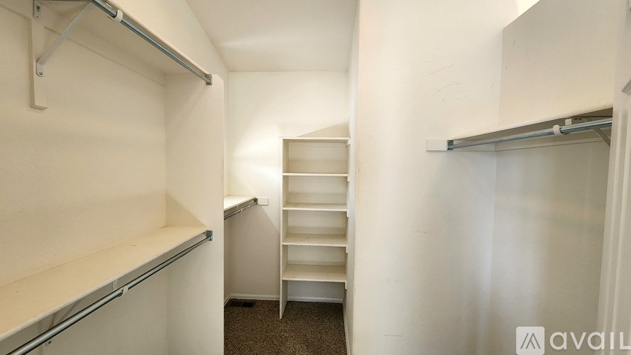 A white walk-in closet with shelves and a carpeted floor.