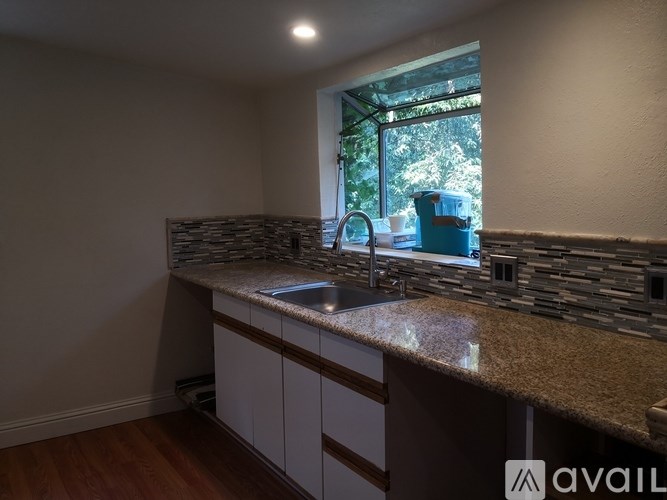 A kitchen with a granite countertop and a window overlooking a tree.