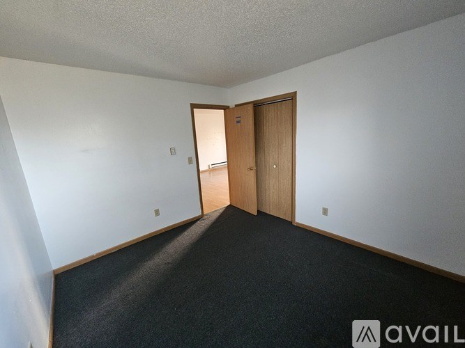 A room with a carpeted floor and two wooden doors.