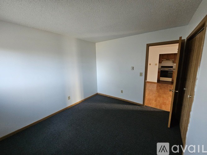 A room with a carpeted floor and a doorway leading to another room.