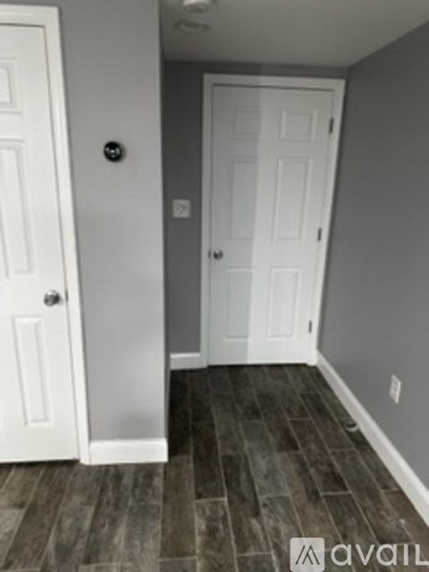 A hallway with two white doors and wood flooring.