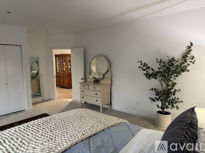 A bedroom with a bed, dresser, mirror, and a plant.