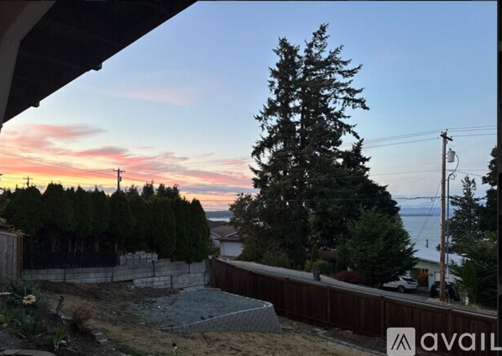 A view from a house overlooking a tree-lined street and a body of water at sunset.