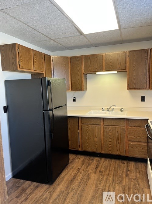 A black refrigerator stands in a kitchen with wooden cabinets.