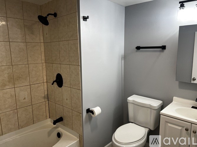 A bathroom with a toilet, sink, and shower.
