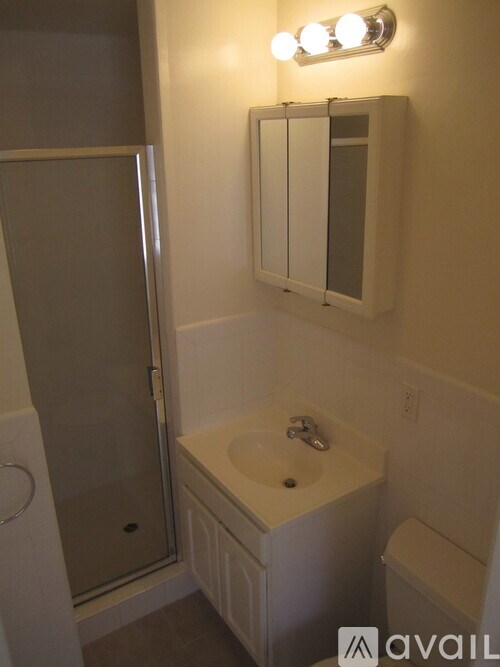 A bathroom with a sink, toilet, and shower.
