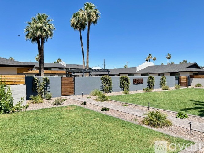 A sunny day in front of a house with a palm tree and a fence.