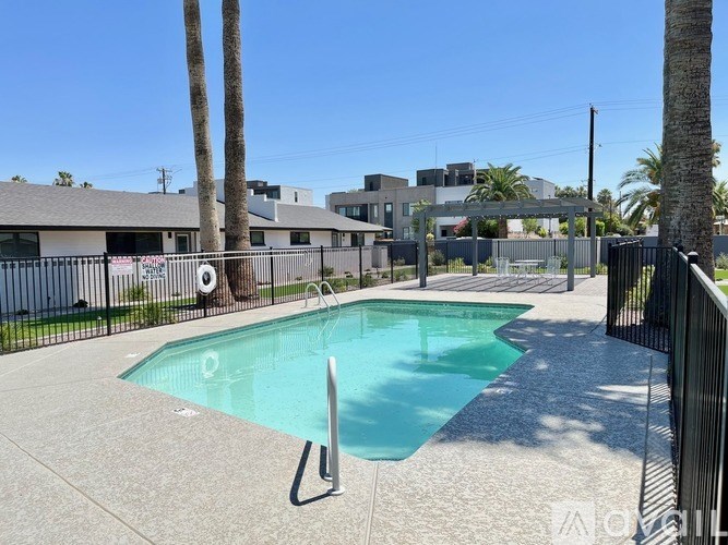 A pool surrounded by a black fence with a palm tree in the background.