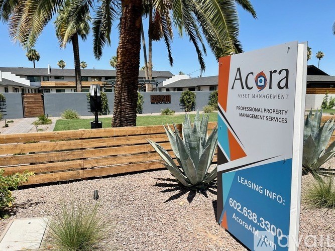 A sign for Acora Asset Management in front of a building with palm trees.