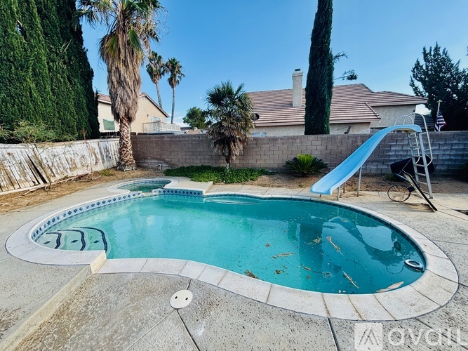 A small kidney-shaped pool with a slide and a palm tree.