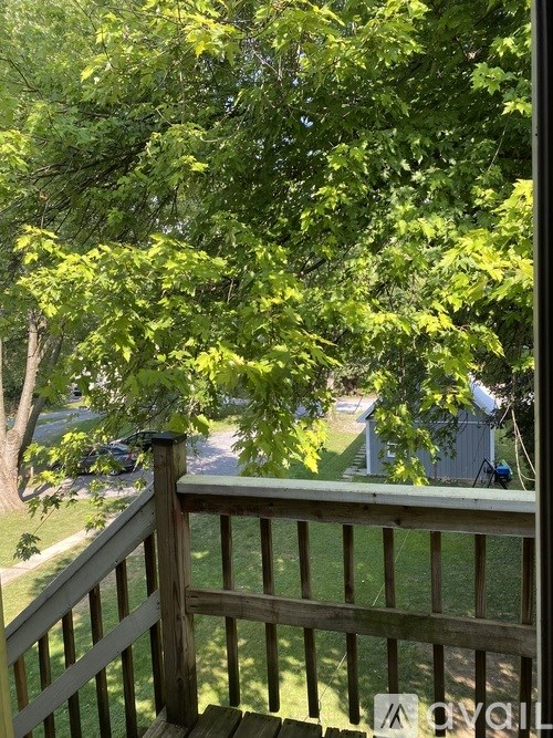 A deck with a railing and a tree in the background.
