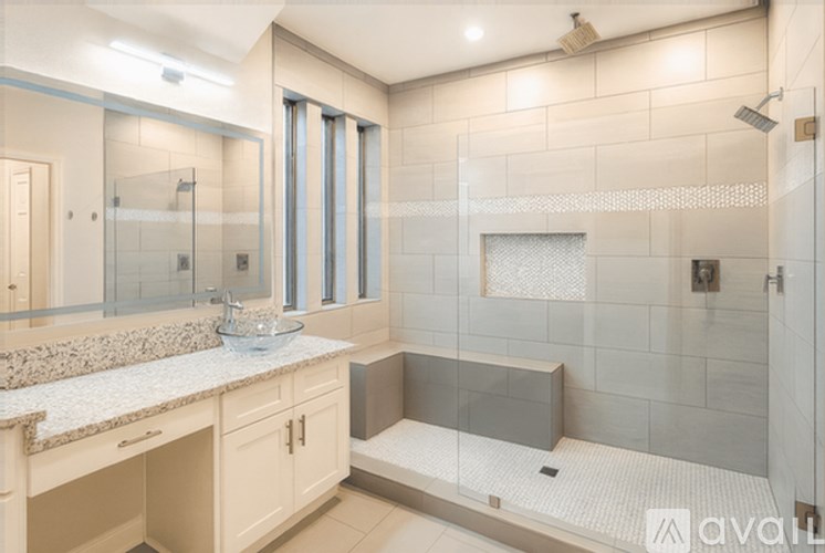 A modern bathroom with a walk-in shower and a vanity.