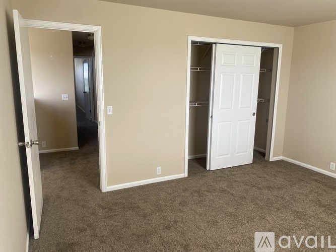 A room with two white doors and carpeted flooring.