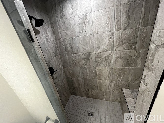 A bathroom with a tiled shower and a white toilet.