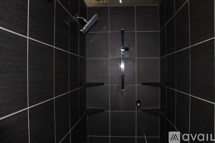 A bathroom with black tiles and a shower head.