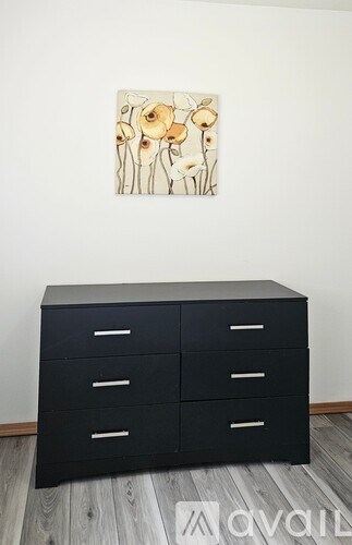 A black chest of drawers sits in front of a wall with a framed picture of flowers.
