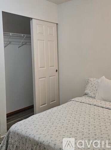 A bedroom with a bed, pillows, and a closet with a door.