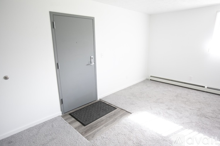 A room with a door and a mat on the floor.