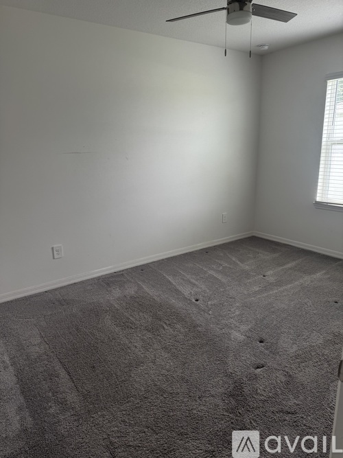 A room with a carpeted floor and a ceiling fan.