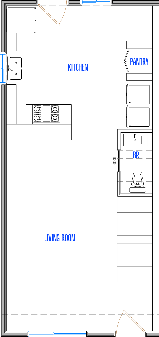 A floor plan of a house with a kitchen, pantry, and living room.