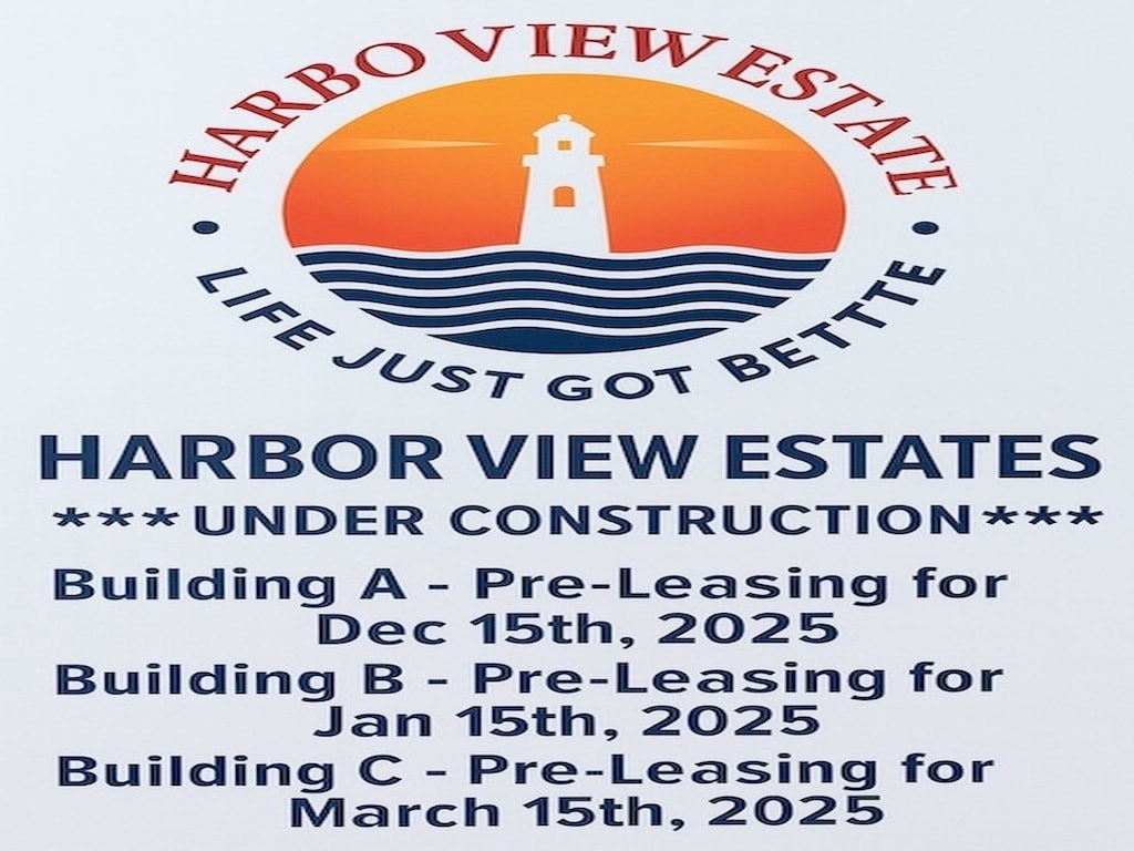 A poster advertising pre-leasing dates for three buildings at Harbor View Estates.