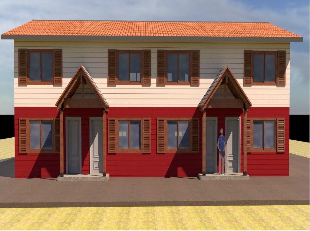 A two-story house with a red roof and white walls.